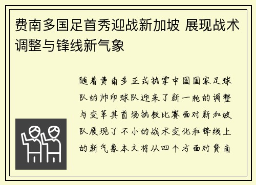 费南多国足首秀迎战新加坡 展现战术调整与锋线新气象