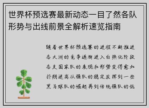 世界杯预选赛最新动态一目了然各队形势与出线前景全解析速览指南